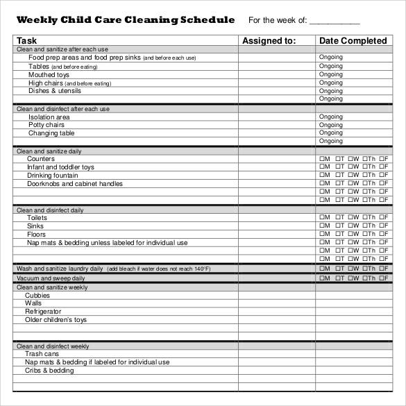 weekly child care cleaning schedule