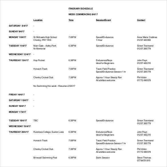 weekly itinerary schedule template