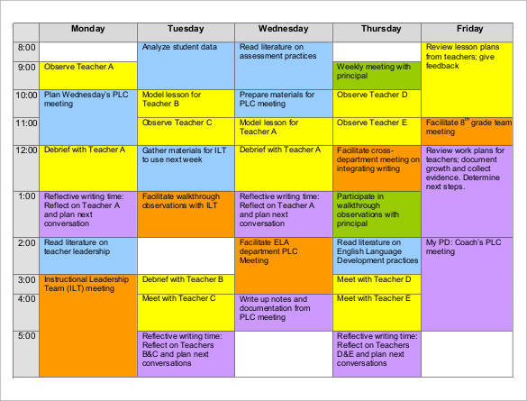 weekly teacher schedule template