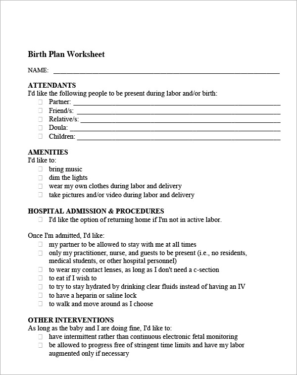 birth plan worksheet