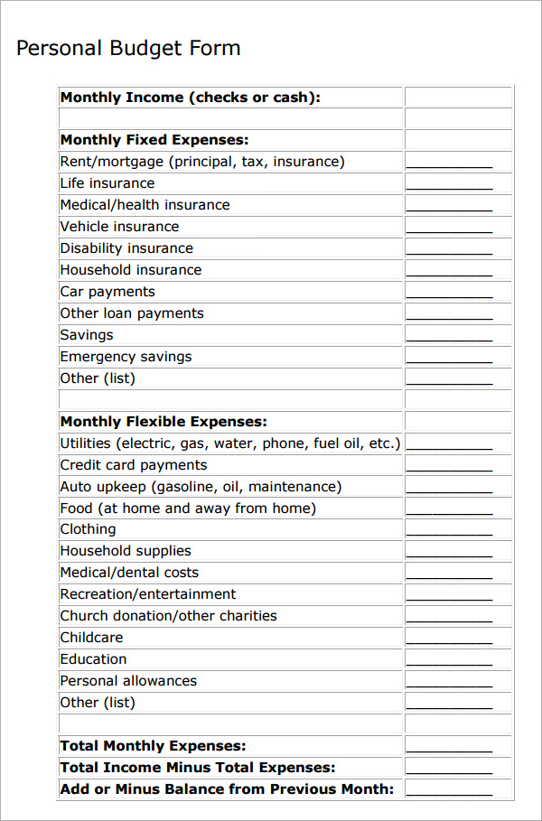 blank personal budget template