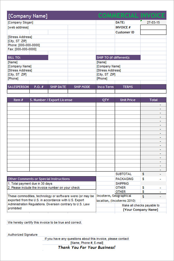 commercial invoice template