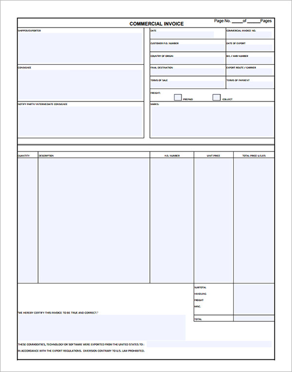 template commercial invoice