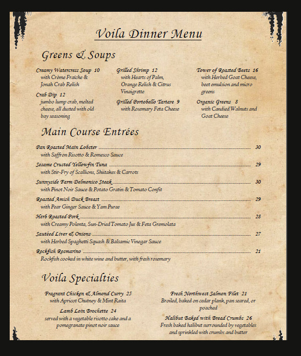 dinner menu card