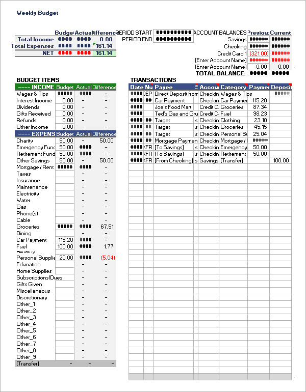 excel weekly budget template