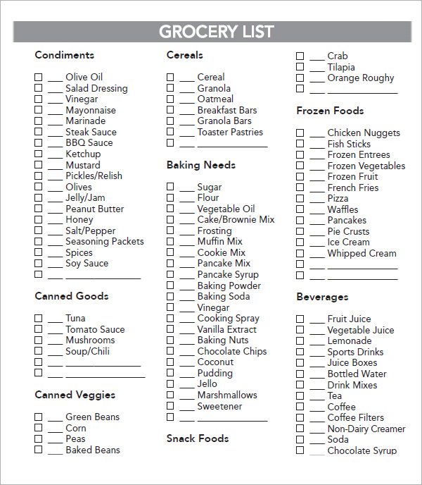 Sample Grocery Shopping List