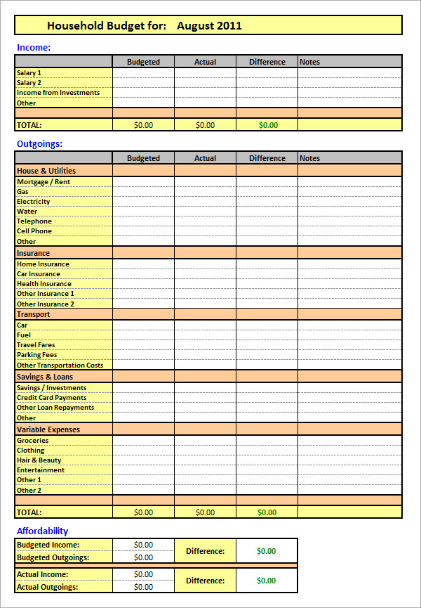 home budget template printable template