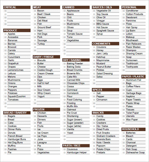 Free Printable Grocery List Templates