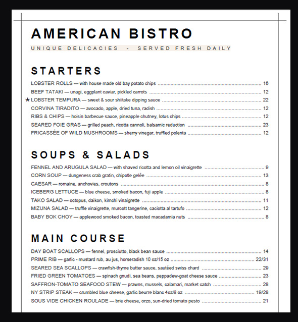 sample menu card