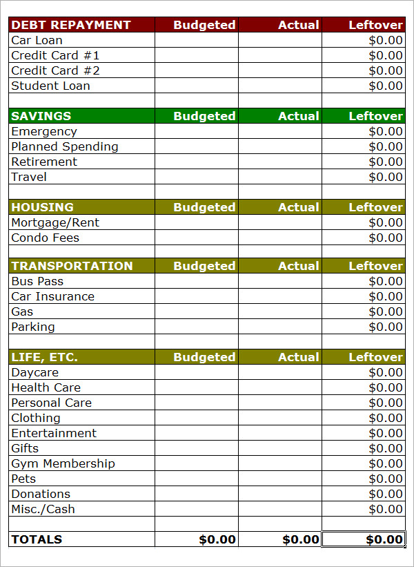 sample monthly household budget spreadsheet