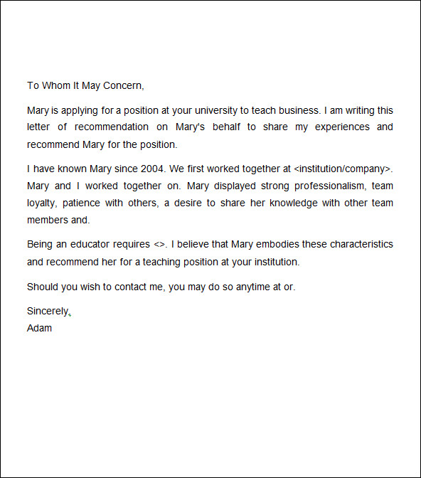 Sample Job Recommendation Letter Template