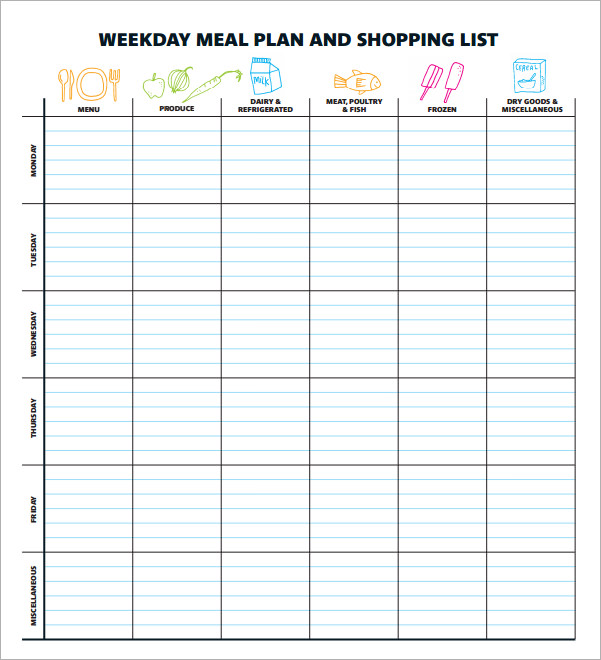 weekday meal plan and shopping list