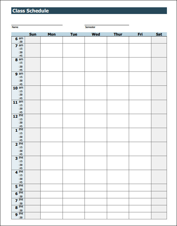 weekly class schedule template