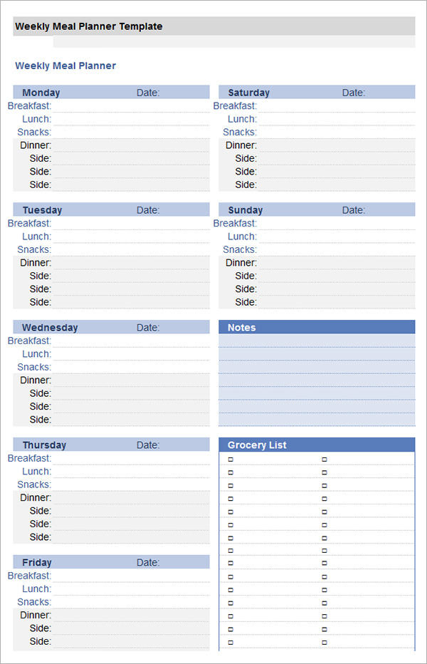 weekly meal planner with grossery list