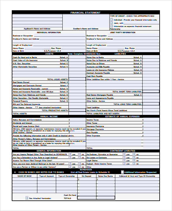 Blank Personal Financial Statement Template