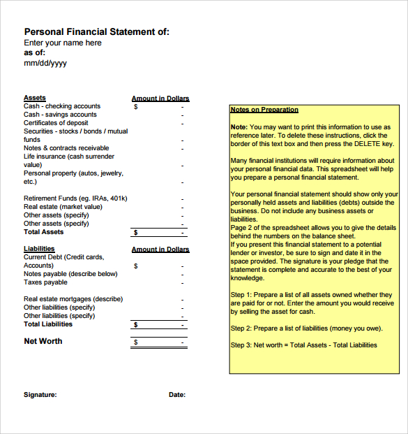 Personal financial statement format free