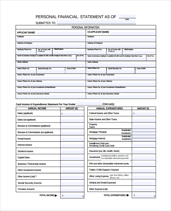 example of personal financial statement