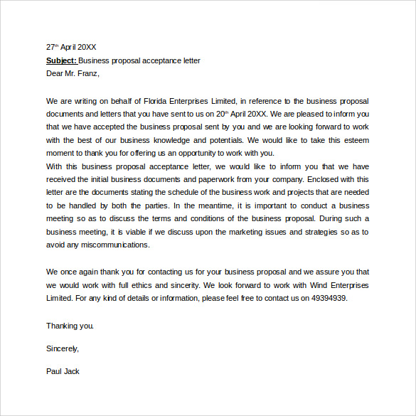 business proposal acceptance letter