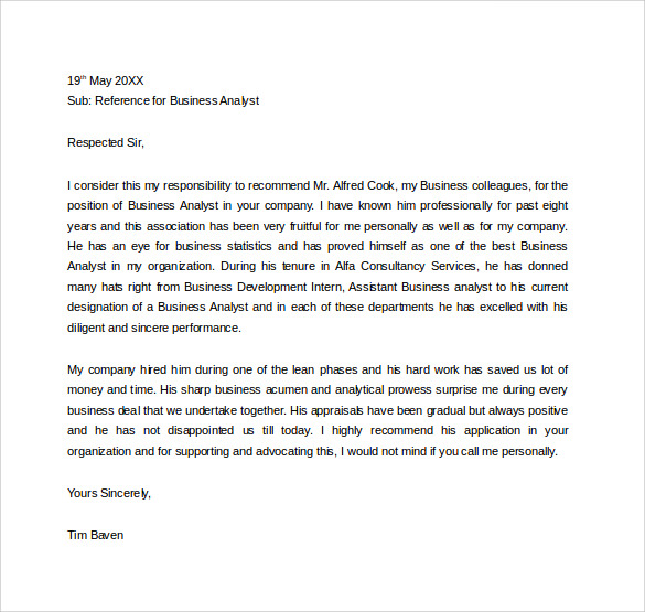 business analyst reference letter