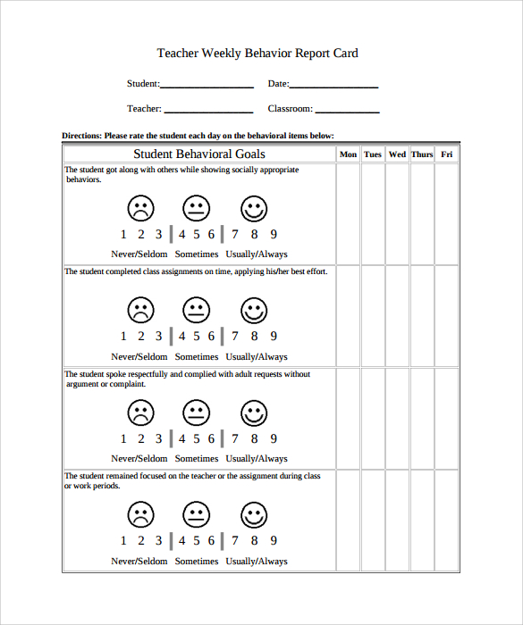 weekly report card template