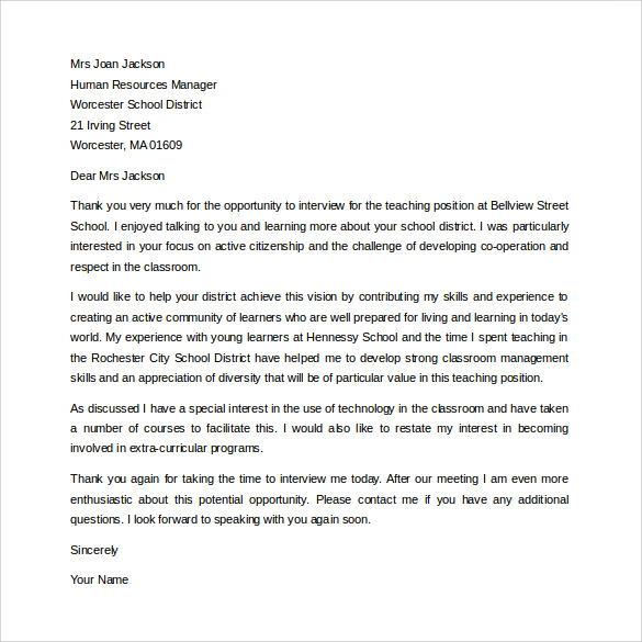 sample teacher interview thank you letter