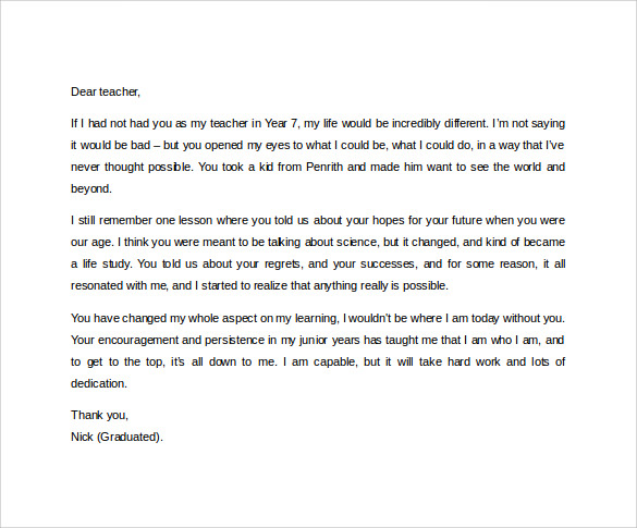 thank you letter to teacher from student