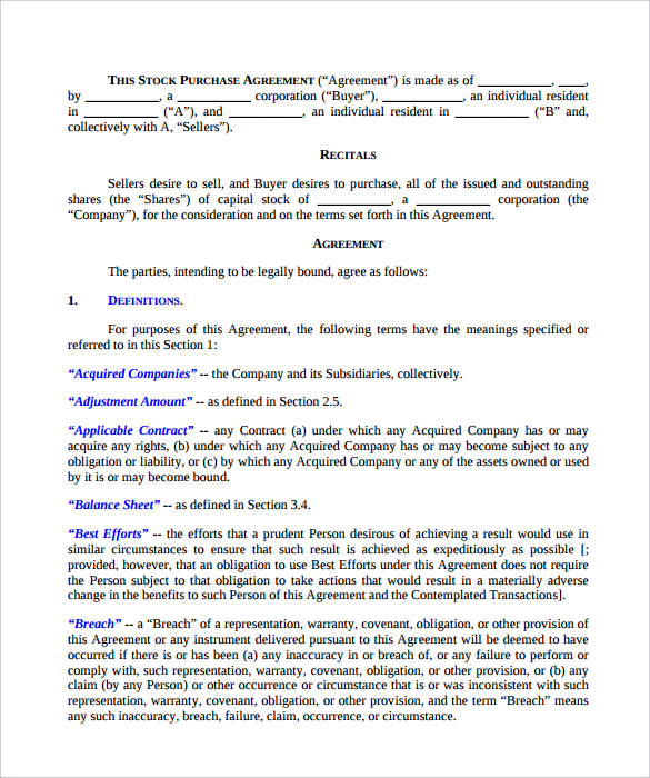 stock purchase agreement pdf