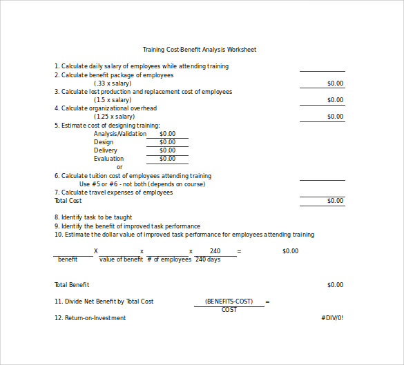 training cost benefit analysis worksheet excel free download