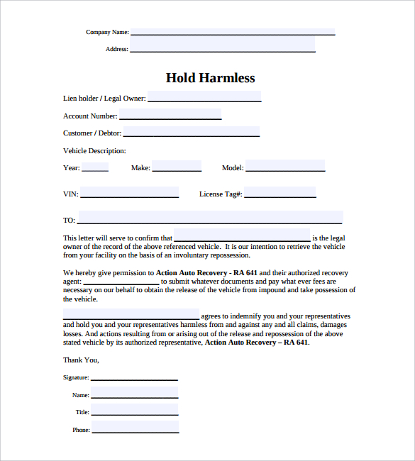 form example volunteer application Harmless Agreement to Templates Download Hold Sample  30