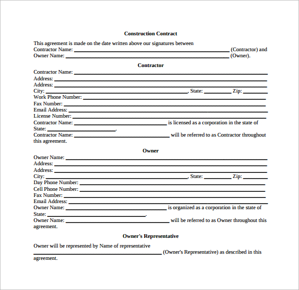 construction contract agreement free pdf template download