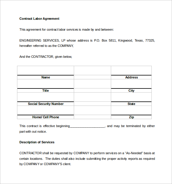 contract labor agreement word template free download