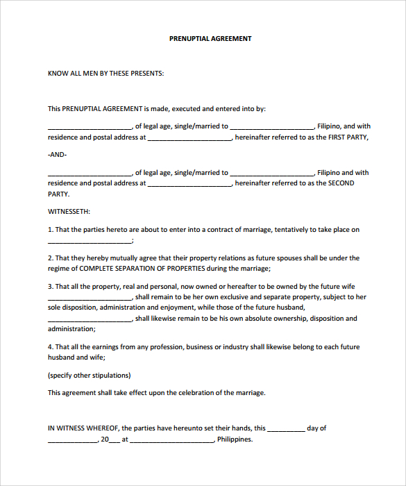 FREE 9+ Sample Prenuptial Agreement Templates in PDF MS Word