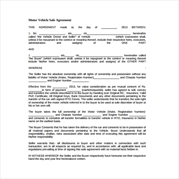 motor vehicle sale agreement free download in pdf