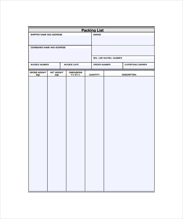 packing list template pdf