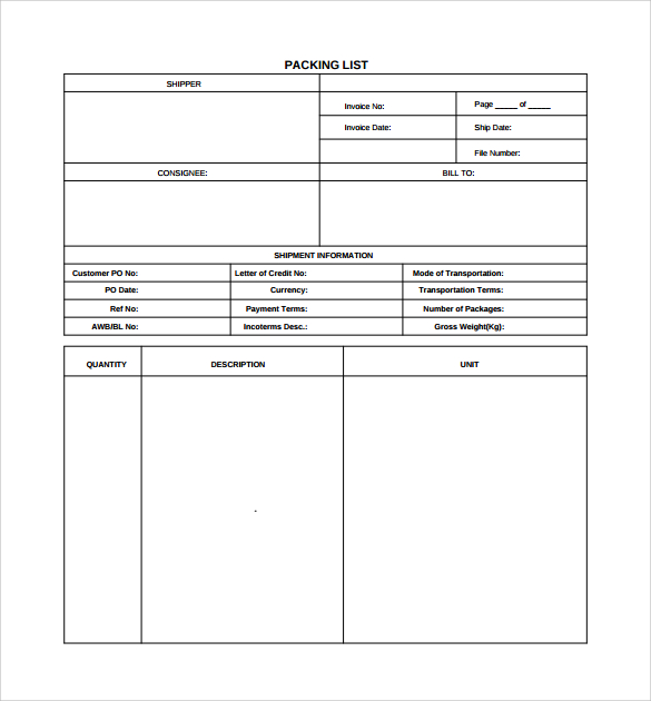 example packing list template 