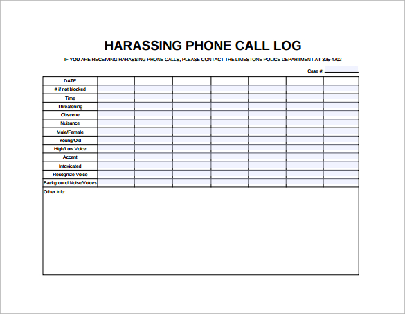 harassing phone log pdf template free download
