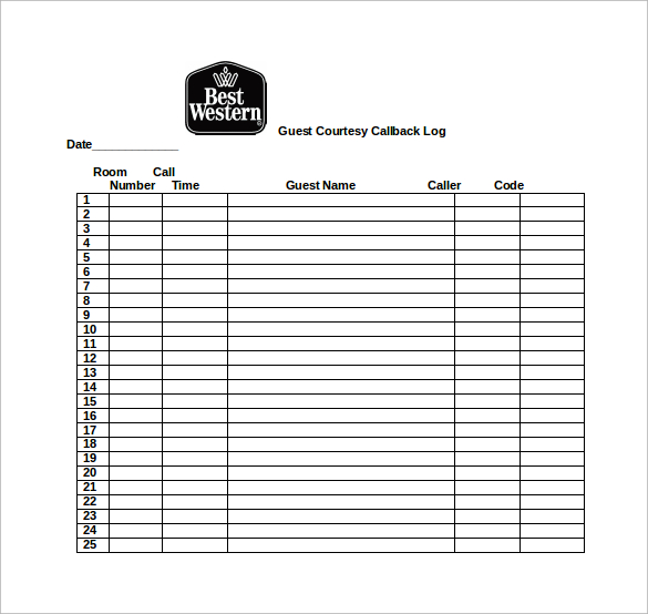 guest courtesy callback log word template free download