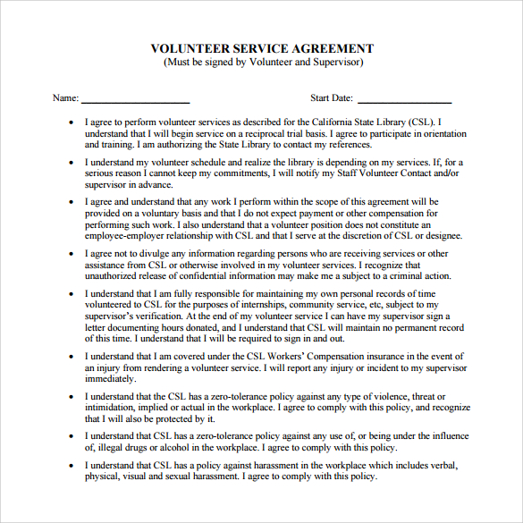 volunteer service agreement pdf