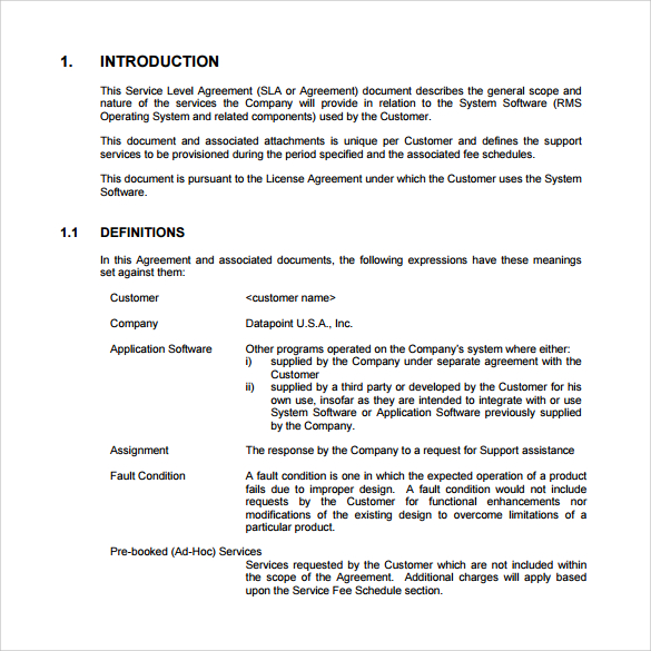 service level agreement to print