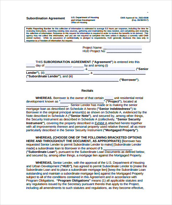 8 Subordination Agreement Templates Sample Templates