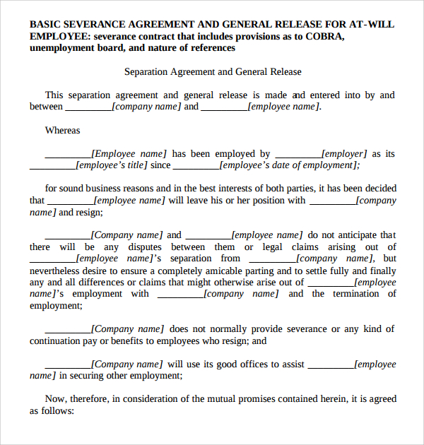 Severance Agreement Template Free Printable Templates