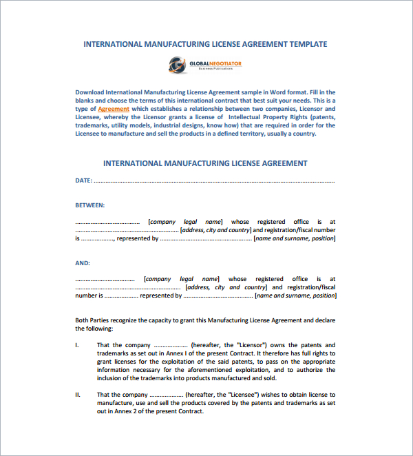 manufacturing license agreement template