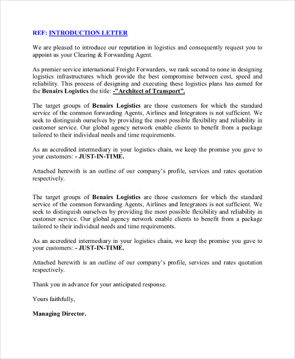 transport business introduction letter