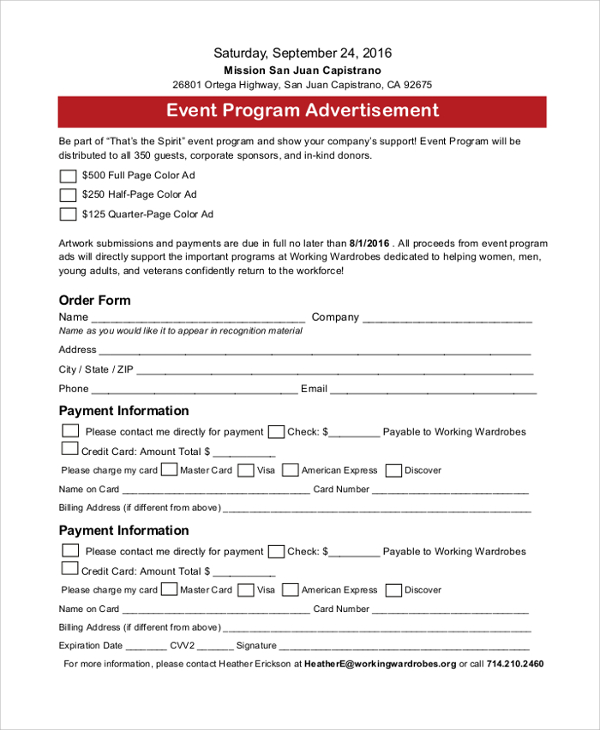 event program advertisement form