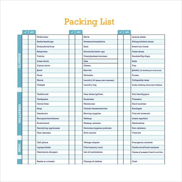 sample pdf packing list