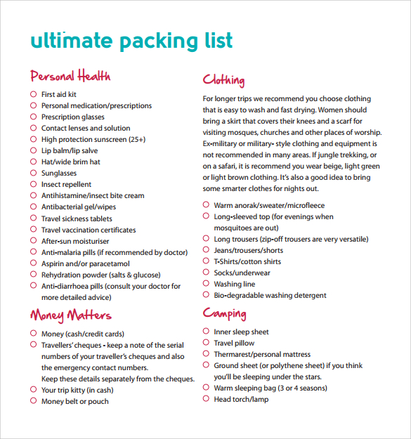 example of packing list