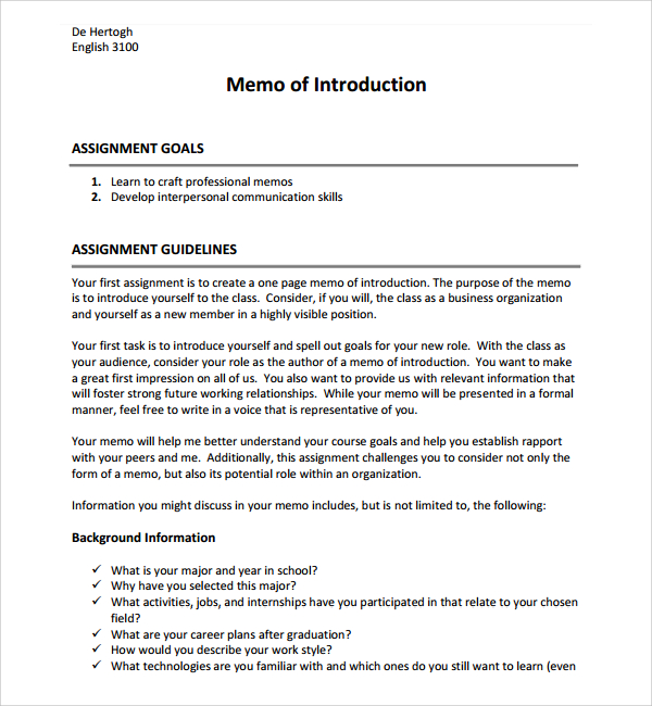 commerce self introduction memo template