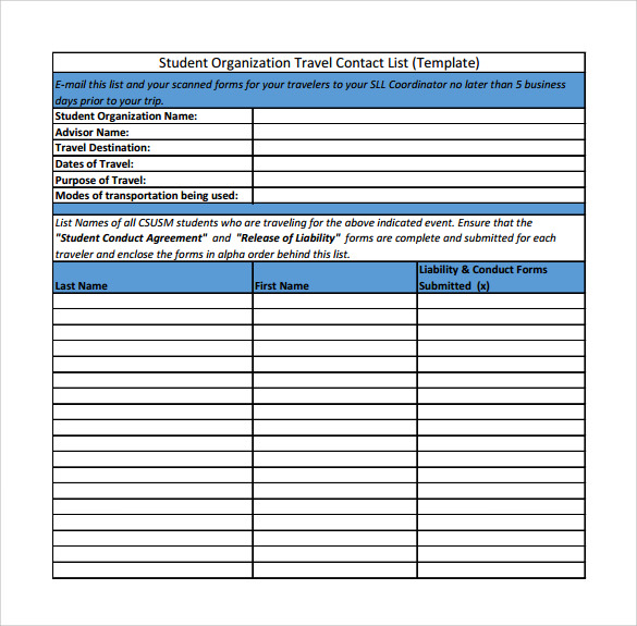 travel contact list template