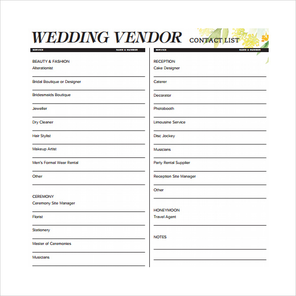 Wedding Vendor Contact List Template Best Of Document Template