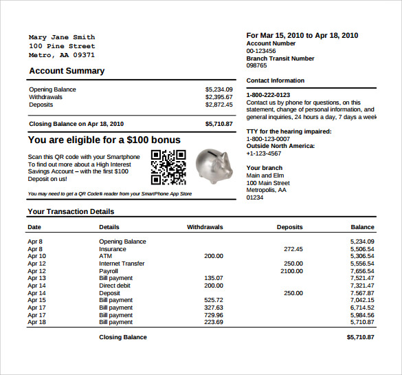 sample bank statement template